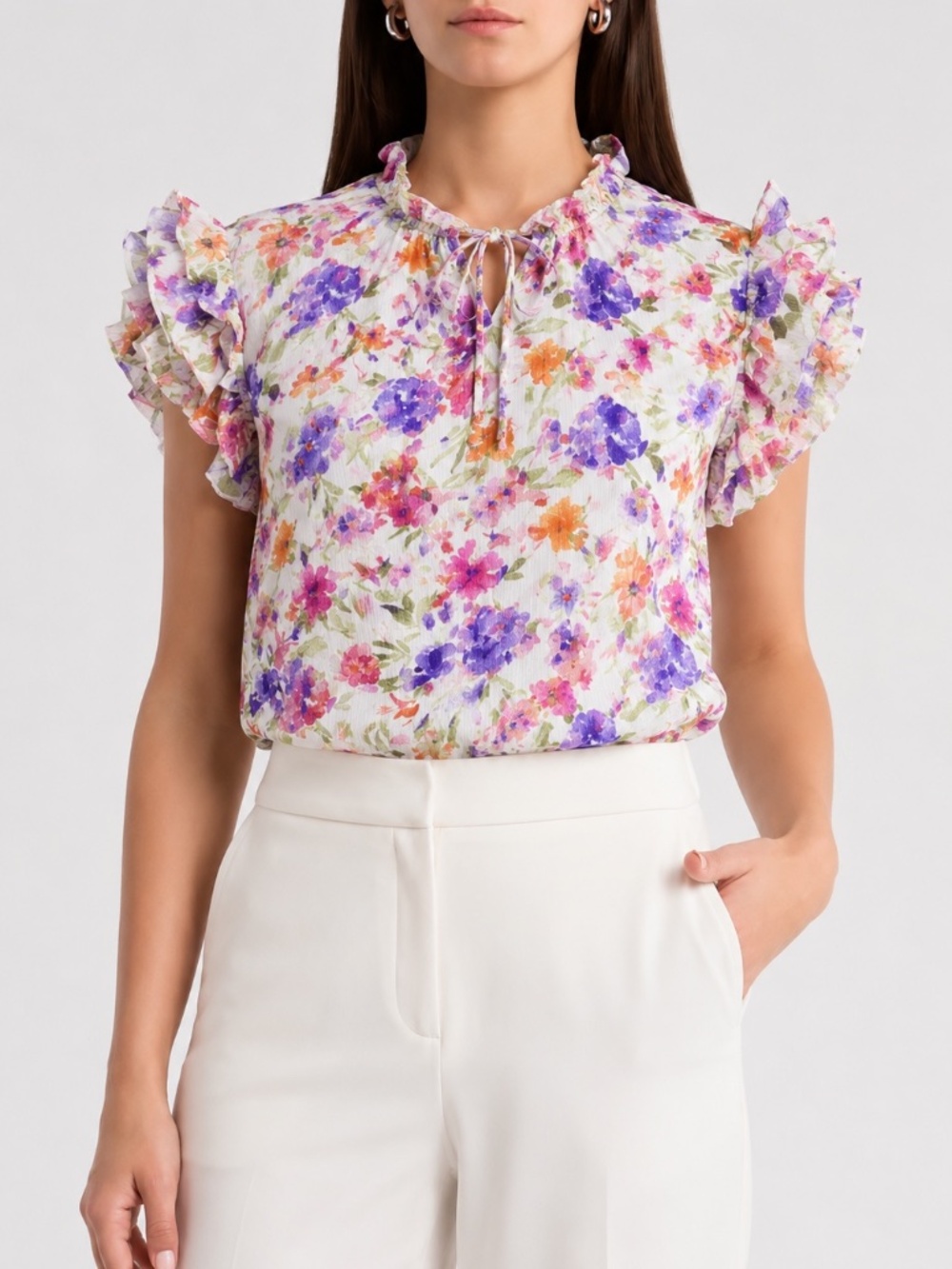 Tamara H Floral Ruffle Neck Flutter Sleeve Blouse Size M Watercolor Print